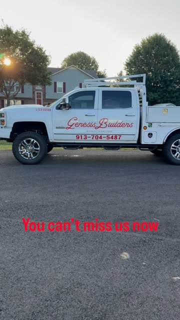 Genesis Builders truck displaying the company wordmark and license number