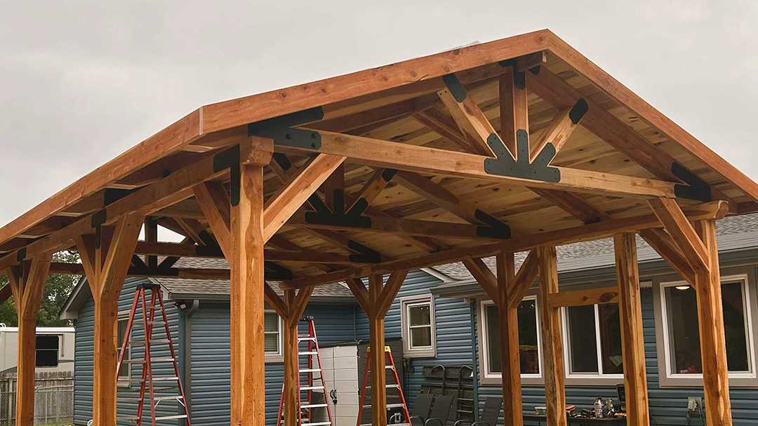 Timber pavilion with exposed wood framing